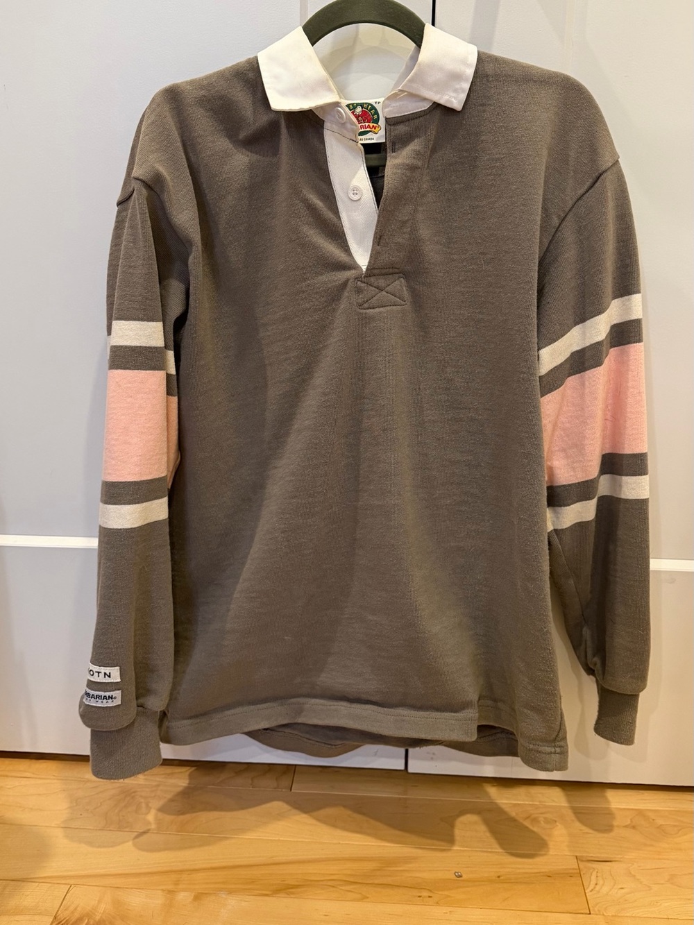 KOTN Gray Rugby Shirt with Pink Sleeve Stripes